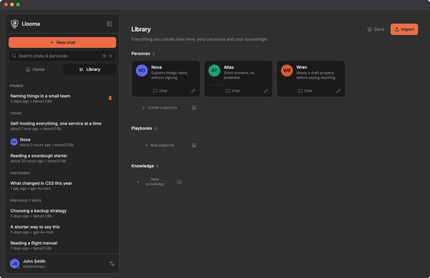 The library, with three personas