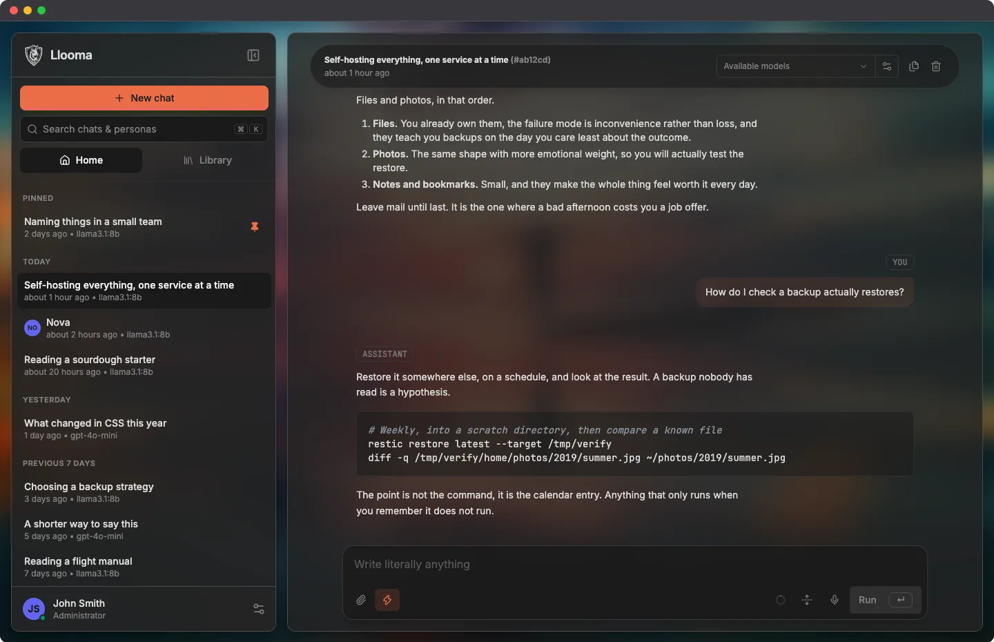 A conversation on a desktop, over a wallpaper, with every surface translucent