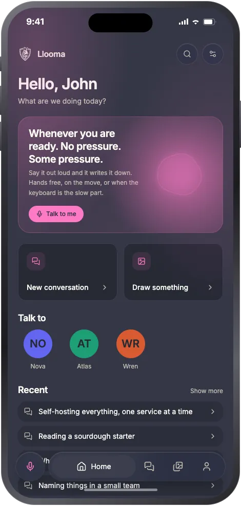 The home screen of the phone interface, with a persona ready to talk